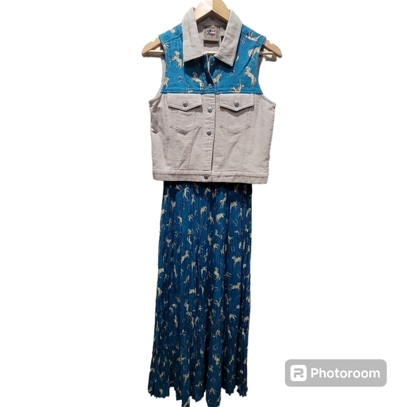 🚨$30 Small Twill 100% Cotton Print 100% Payon Teal Tan Vest & Maxi Skirt - Picture 1 of 9